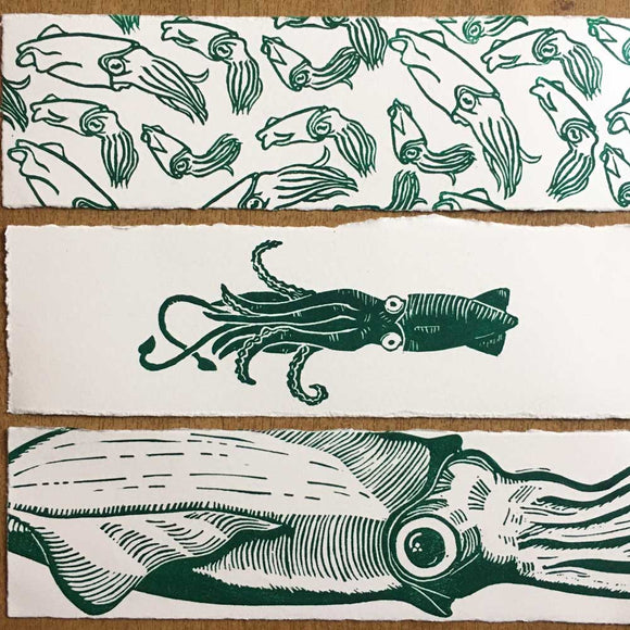 Squid Bookmarks, 3x lino prints