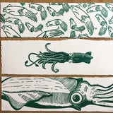 Squid Bookmarks, 3x lino prints