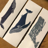 Whale Bookmarks, x 3 lino prints