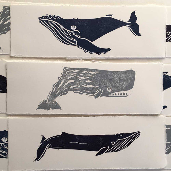 Whale Bookmarks, x 3 lino prints