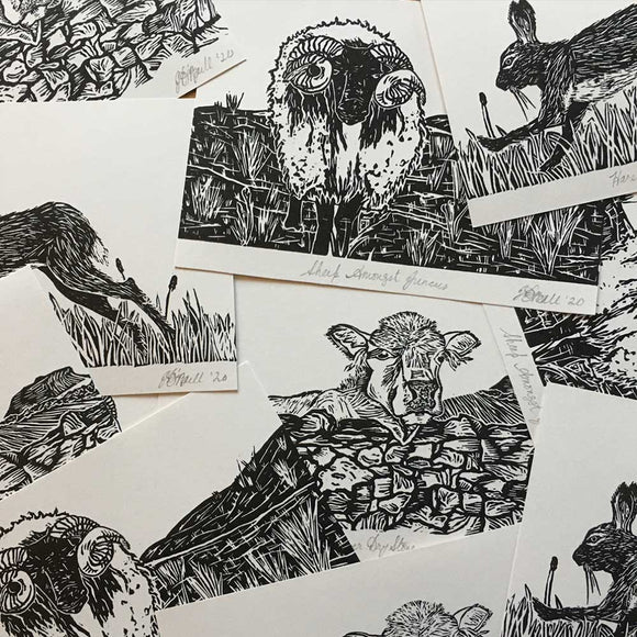 Irish Animal lino prints, Cow, Sheep, & Hare