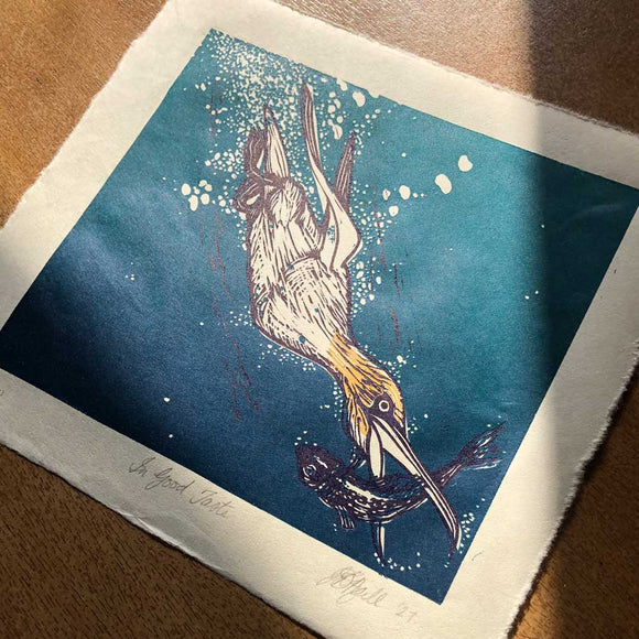 Diving Gannet, limited edition multiblock lino print