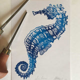 Seahorse lino print