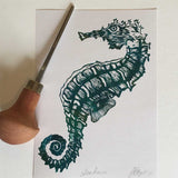 Seahorse lino print