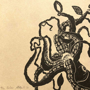 Squid, limited edition lino print